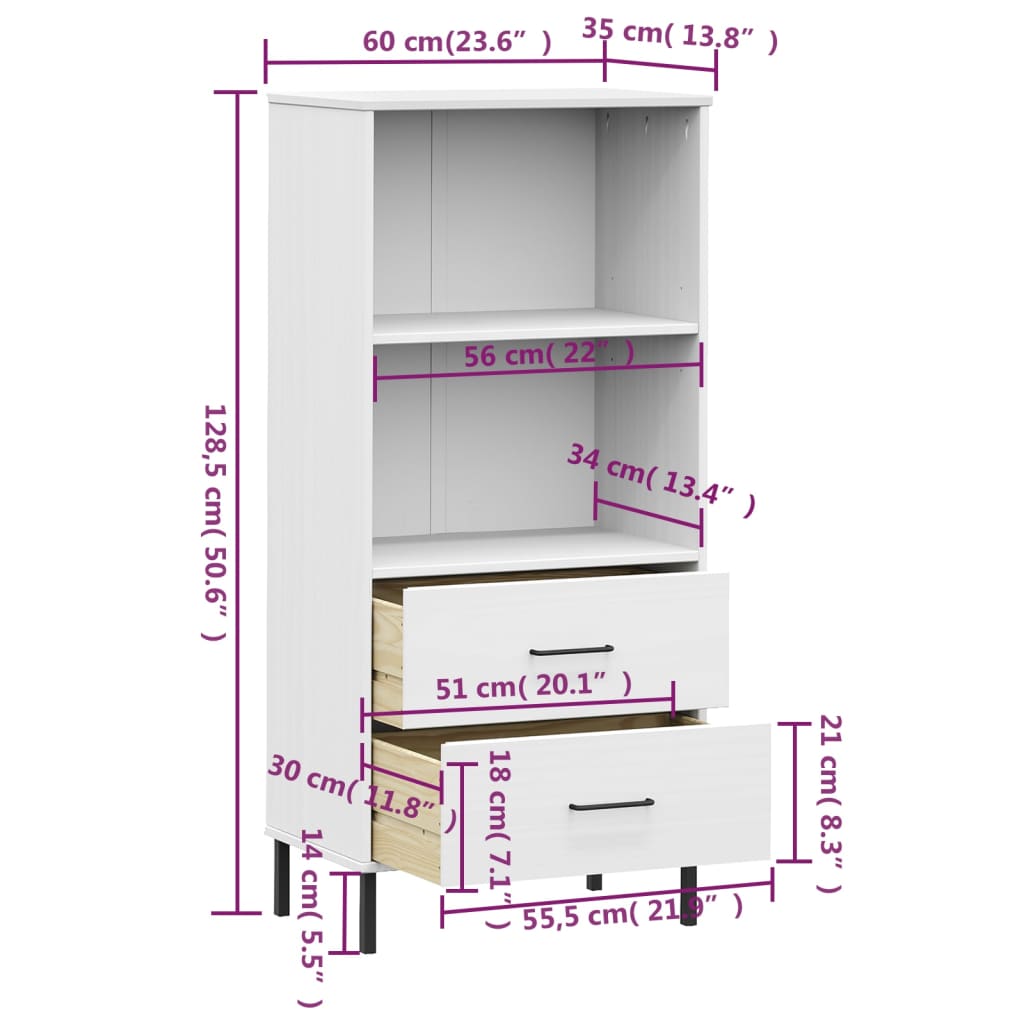 Bookcase with 2 Drawers White 60x35x128,5 cm Solid Wood "OSLO