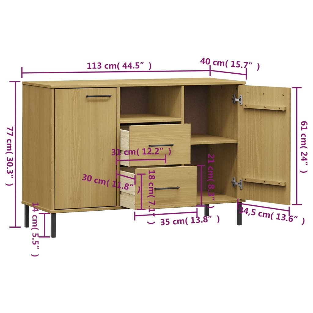 Sideboard with Metal Legs Brown 113x40x77 cm Solid Wood OSLO