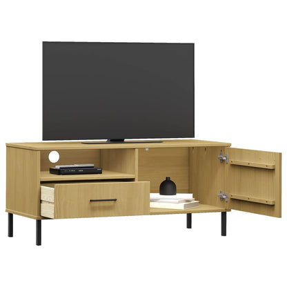 TV Cabinet with Metal Legs Brown Solid Wood Pine "OSLO