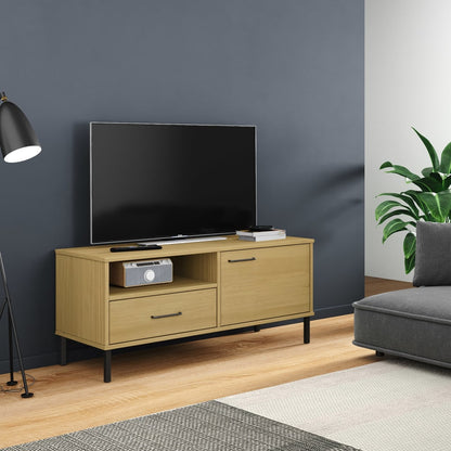 TV Cabinet with Metal Legs Brown Solid Wood Pine "OSLO