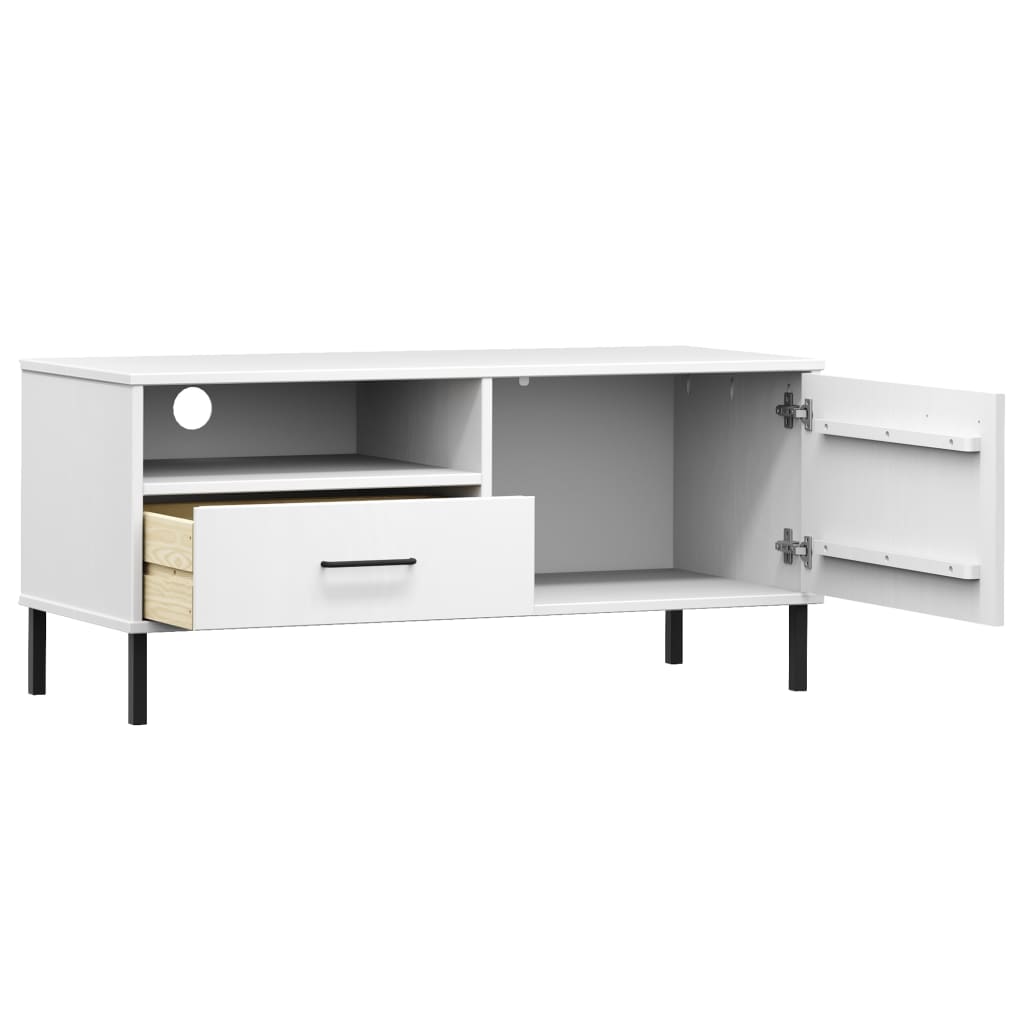 TV Cabinet with Metal Legs White Solid Wood Pine "OSLO