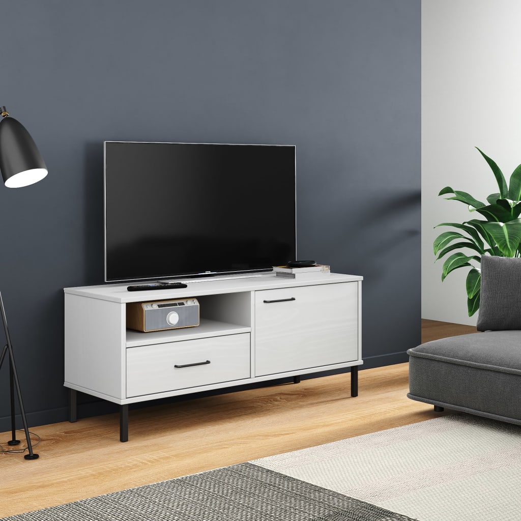 TV Cabinet with Metal Legs White Solid Wood Pine "OSLO