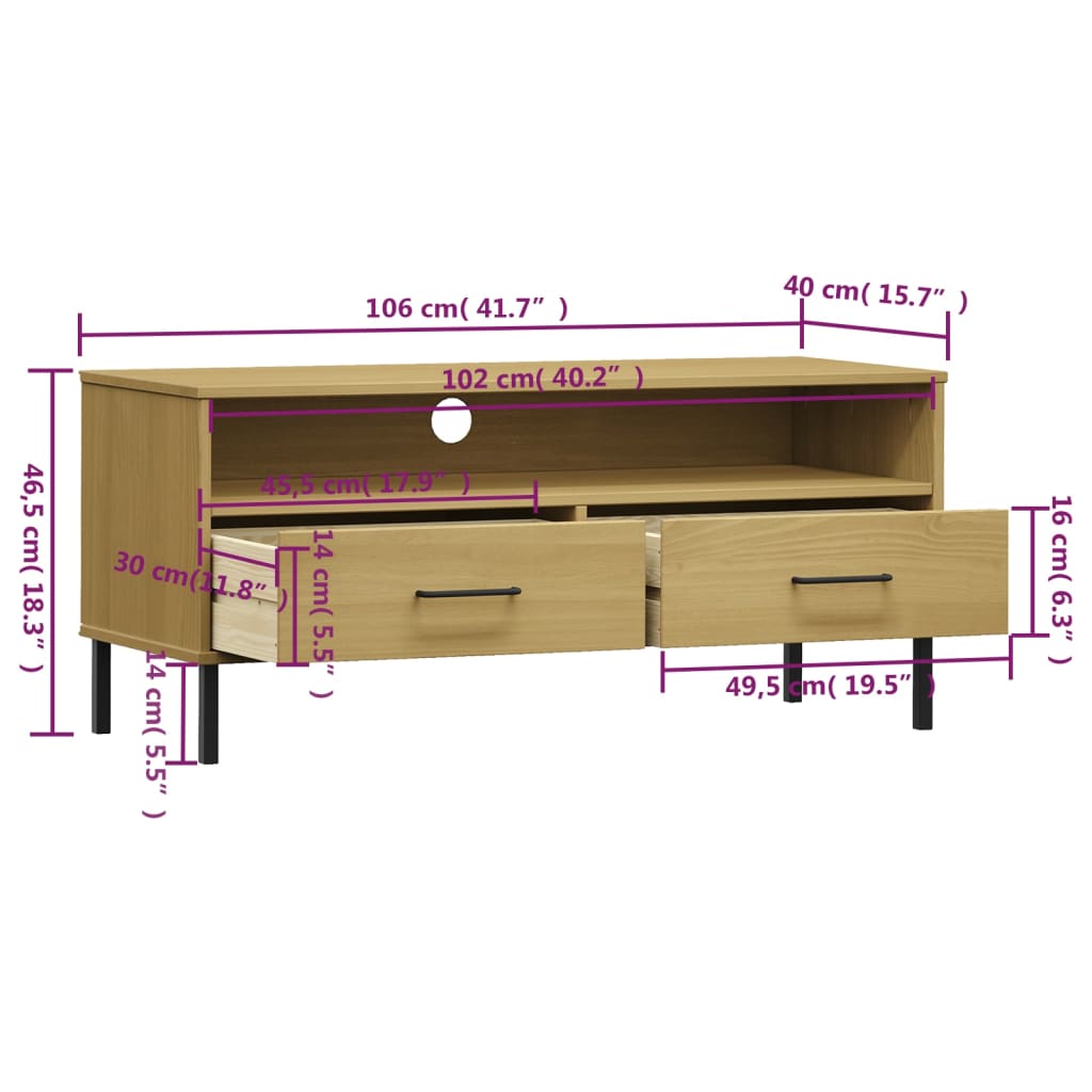 TV Cabinet with Metal Legs Brown Solid Wood Pine "OSLO
