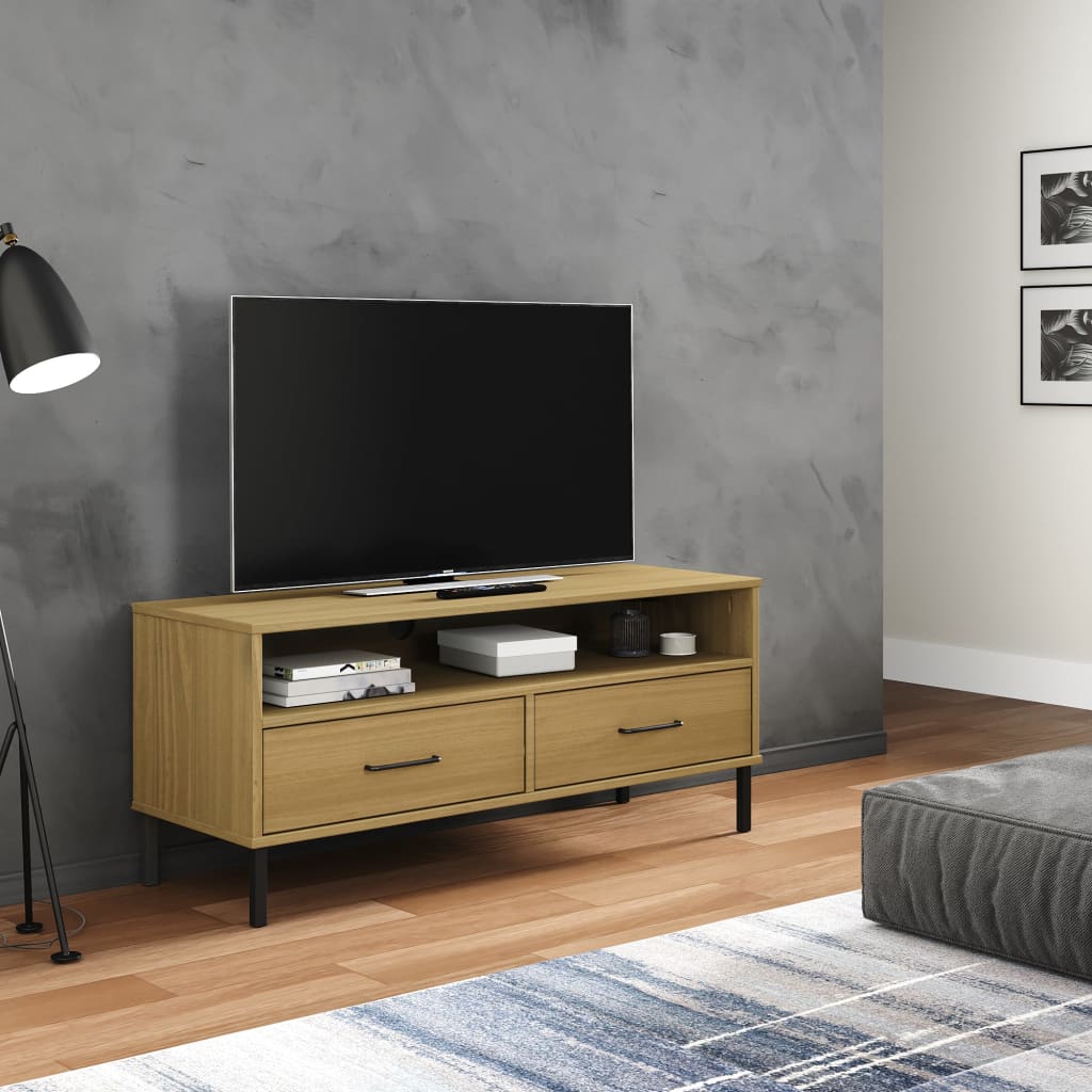 TV Cabinet with Metal Legs Brown Solid Wood Pine "OSLO