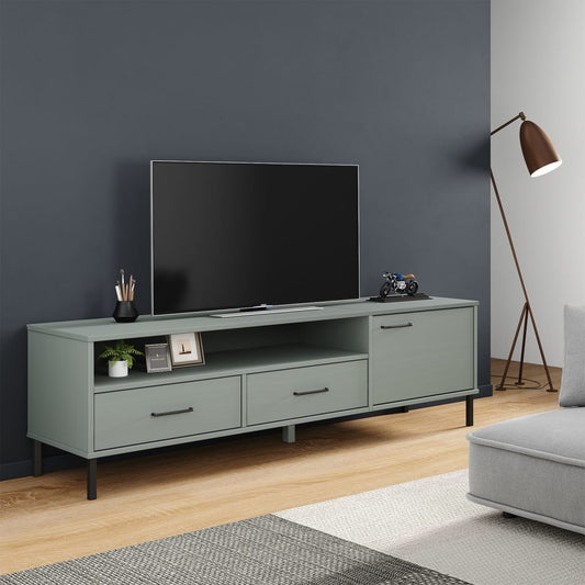 TV Cabinet with Metal Legs Grey Solid Wood Pine "OSLO