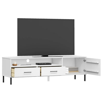 TV Cabinet with Metal Legs White Solid Wood Pine OSLO