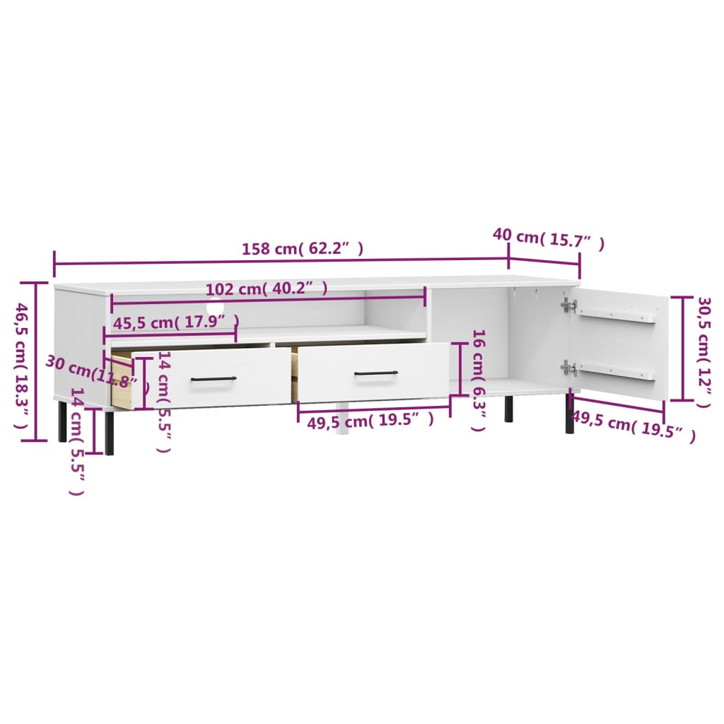 TV Cabinet with Metal Legs White Solid Wood Pine "OSLO