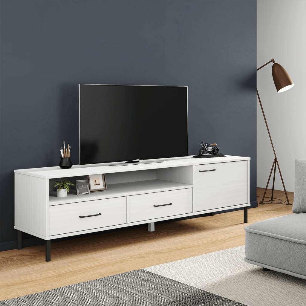TV Cabinet with Metal Legs White Solid Wood Pine "OSLO
