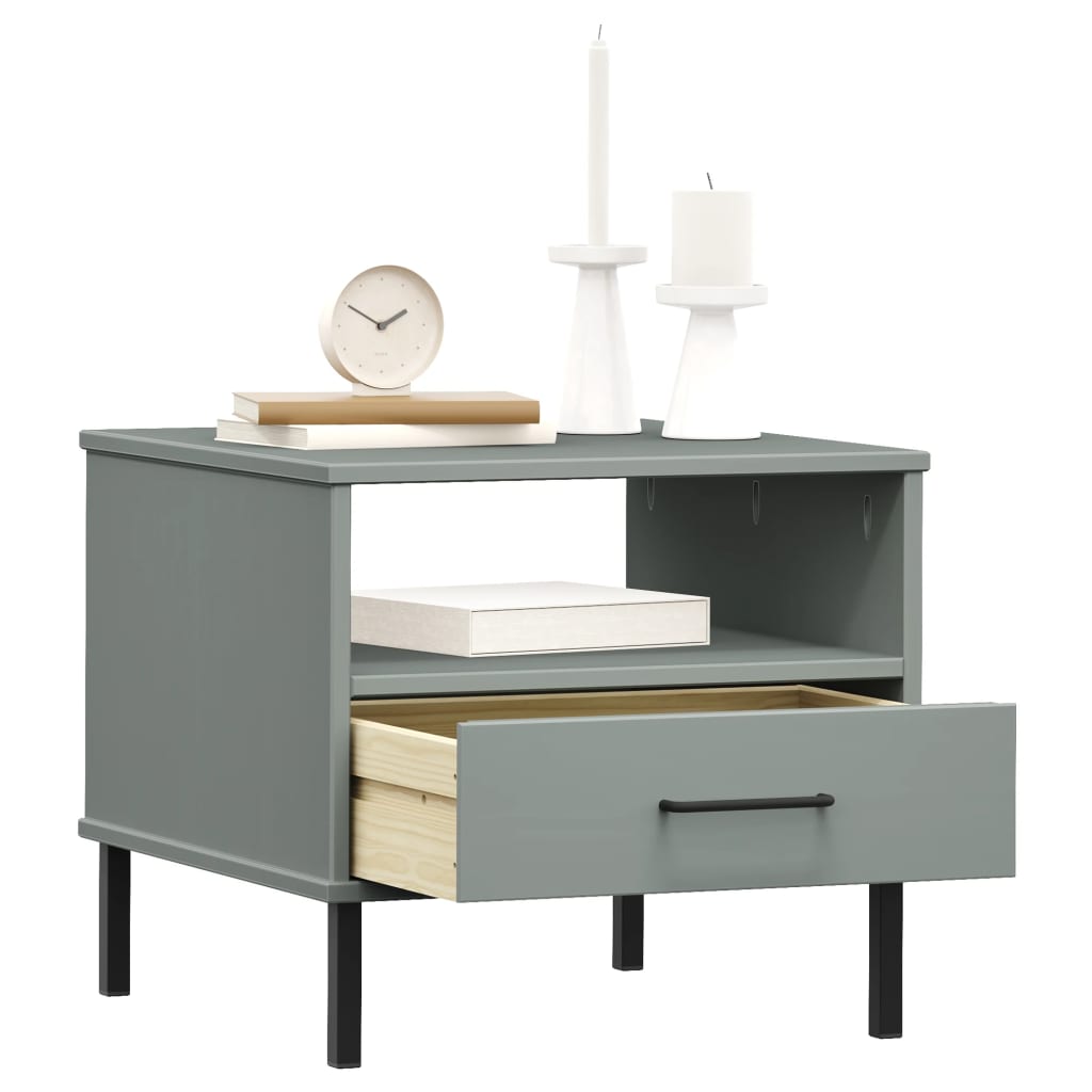 Bedside Table with Metal Legs Grey Solid Wood Pine OSLO