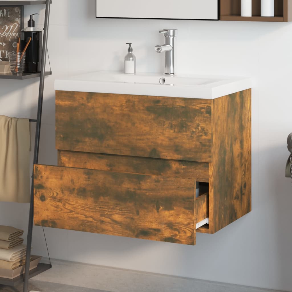 Sink Cabinet with Built-in Basin Smoked Oak Engineered Wood