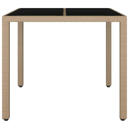 Garden Table with Glass Top Beige Poly Rattan&Tempered Glass
