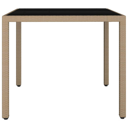 Garden Table with Glass Top Beige Poly Rattan&Tempered Glass