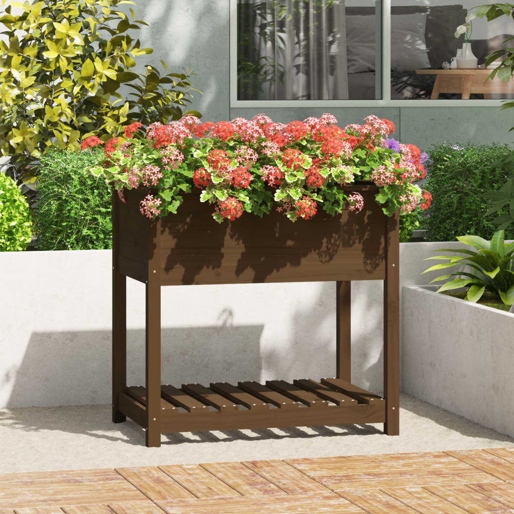 Planter with Shelf Honey Brown 82,5x54x81 cm Solid Wood Pine