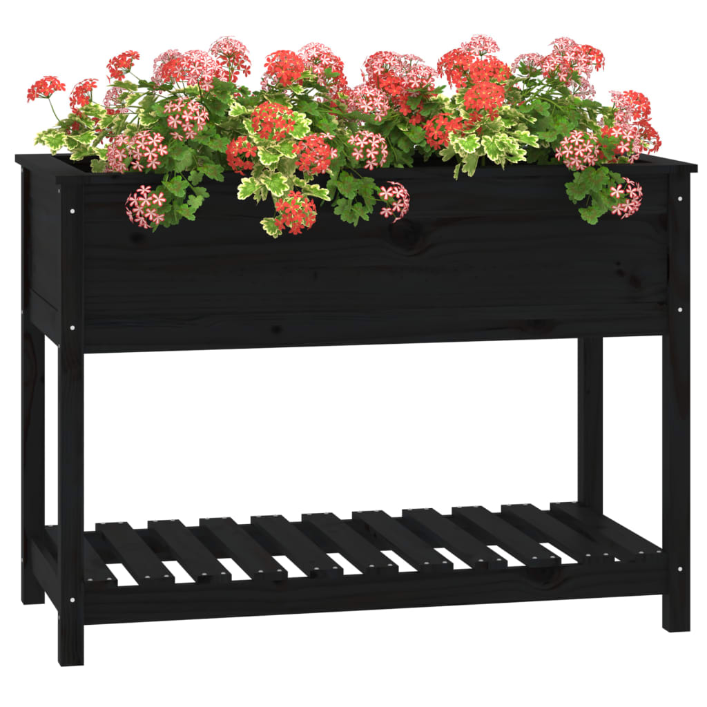 Planter with Shelf Black 111,5x54x81 cm Solid Wood Pine