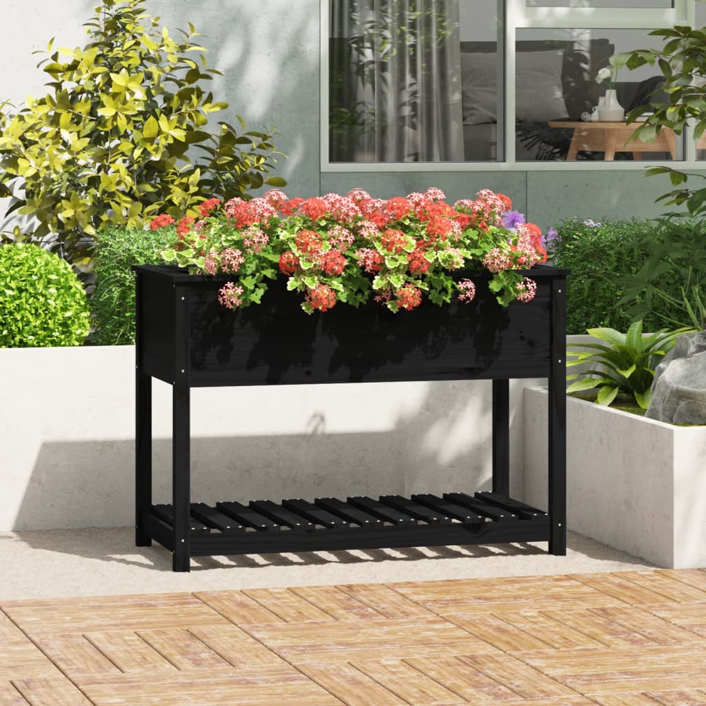 Planter with Shelf Black 111,5x54x81 cm Solid Wood Pine