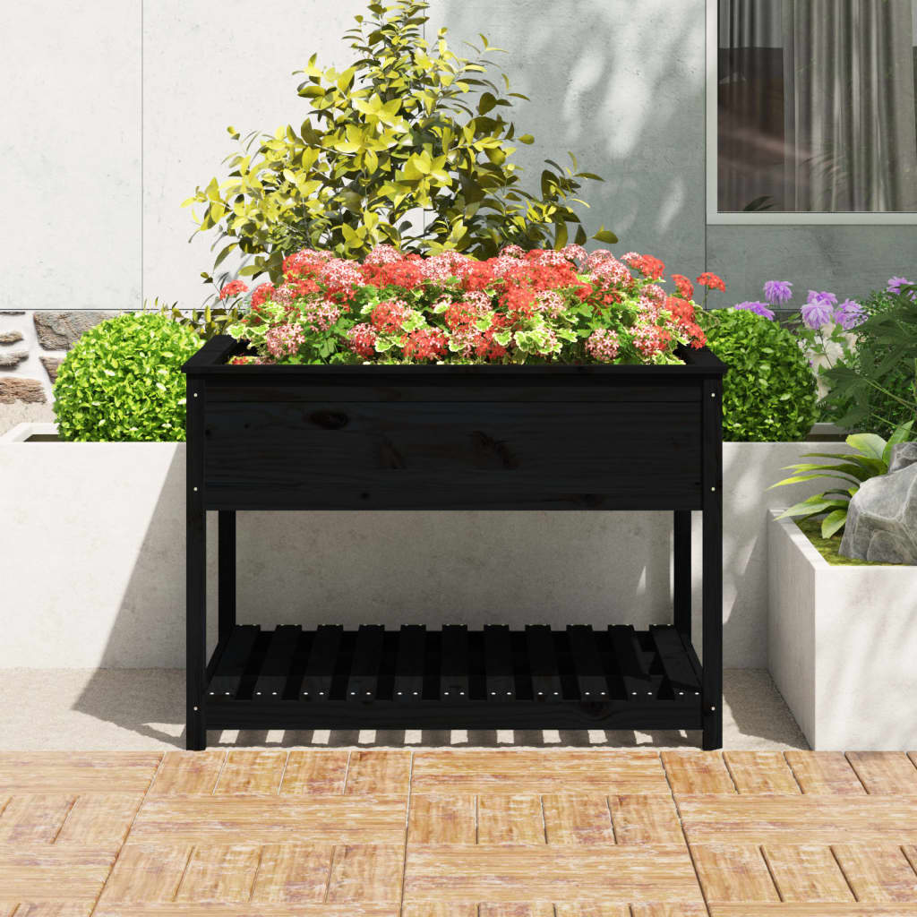 Planter with Shelf Black 111,5x111,5x81 cm Solid Wood Pine