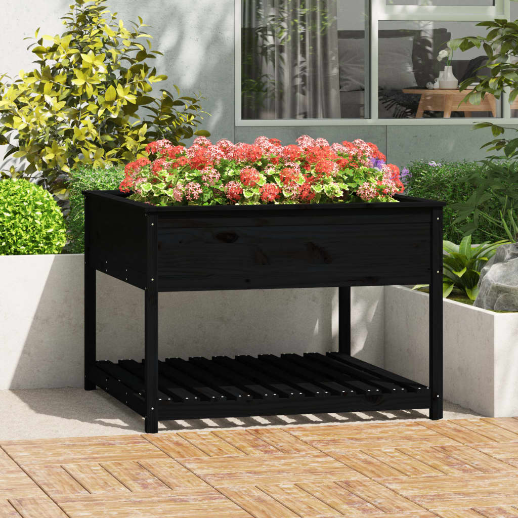 Planter with Shelf Black 111,5x111,5x81 cm Solid Wood Pine