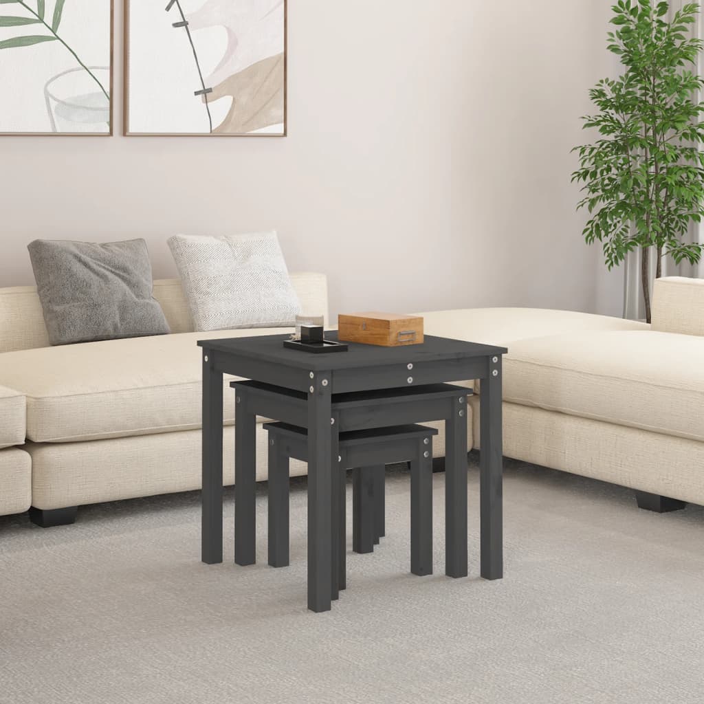 Nesting Tables 3 pcs Grey Solid Wood Pine
