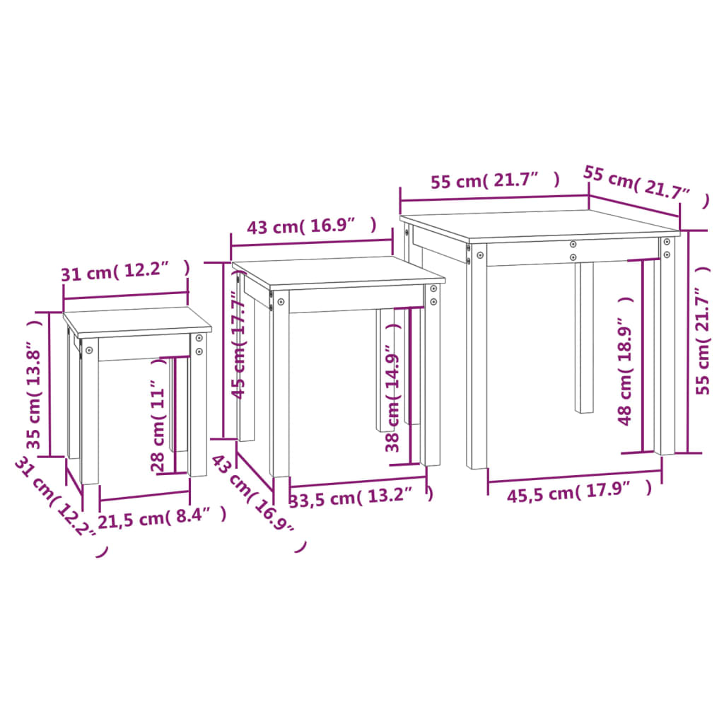 Nesting Tables 3 pcs Grey Solid Wood Pine