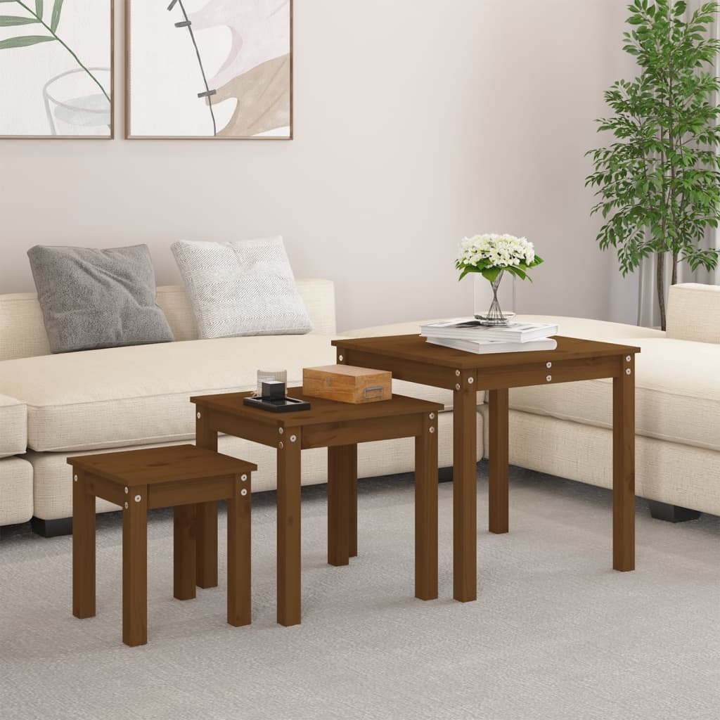 Nesting Tables 3 pcs Honey Brown Solid Wood Pine