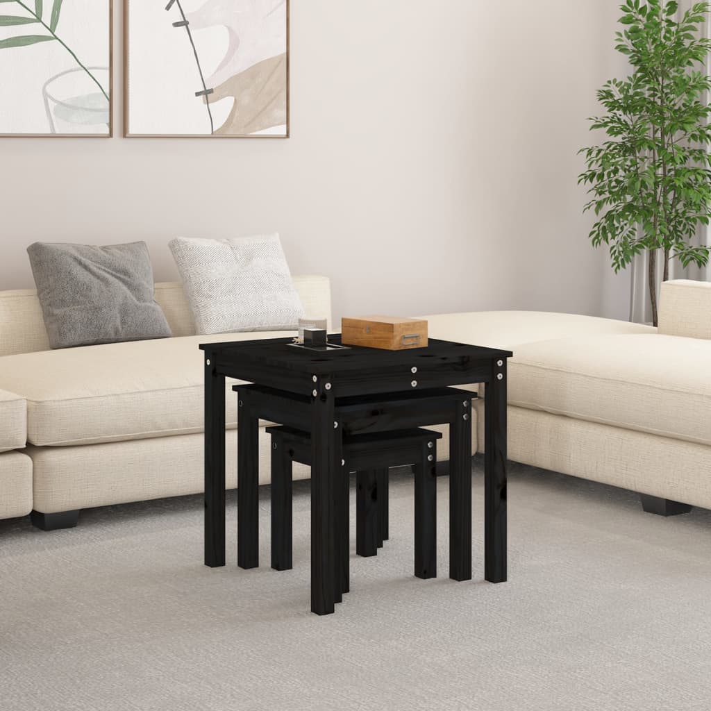 Nesting Tables 3 pcs Black Solid Wood Pine