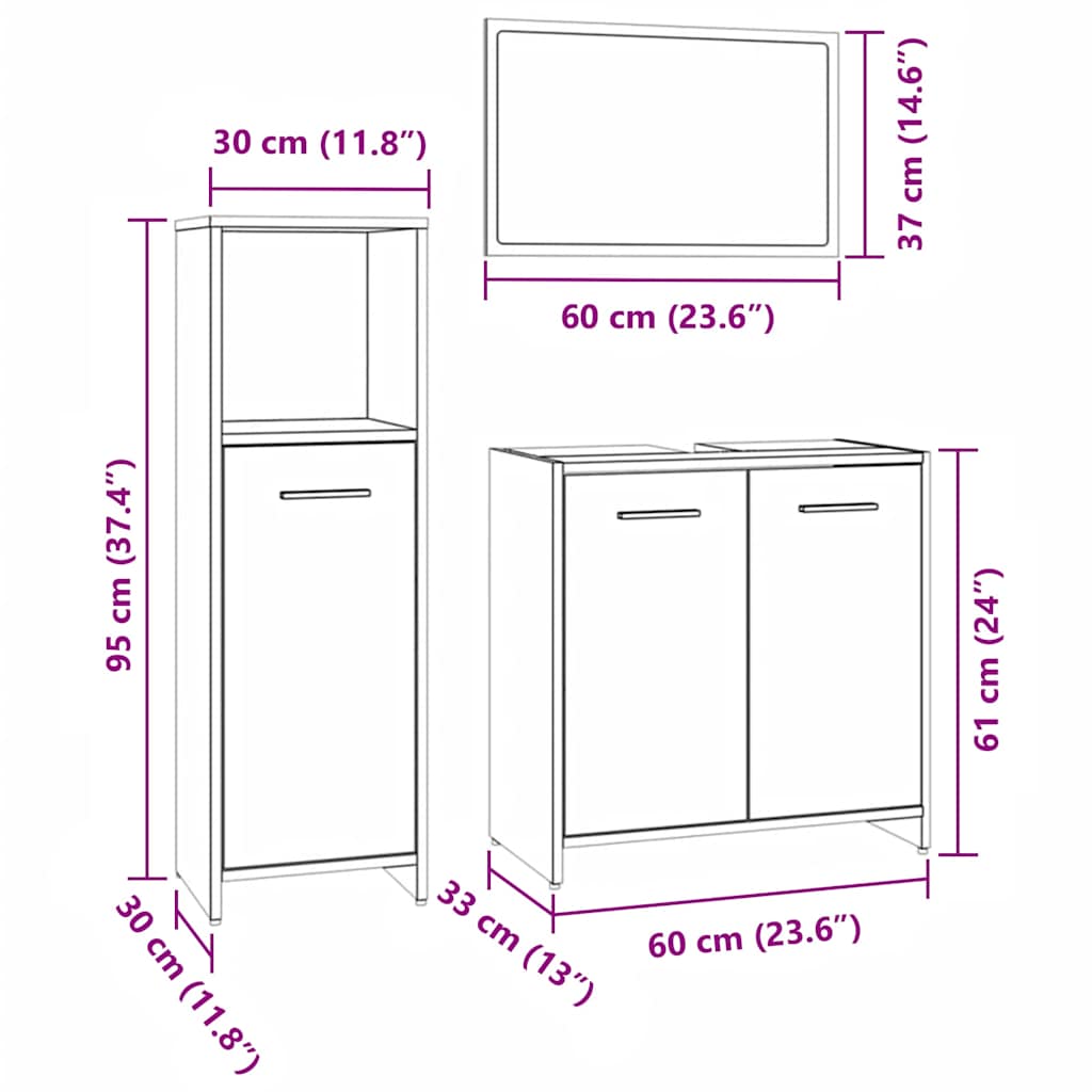 3 Piece Bathroom Furniture Set Grey Sonoma Engineered Wood