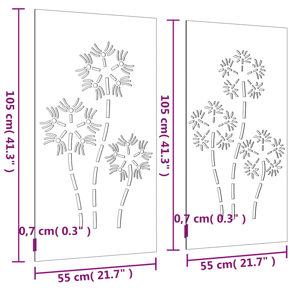Garden Wall Decorations 2pcs 105x55cm Corten Steel Flower Design