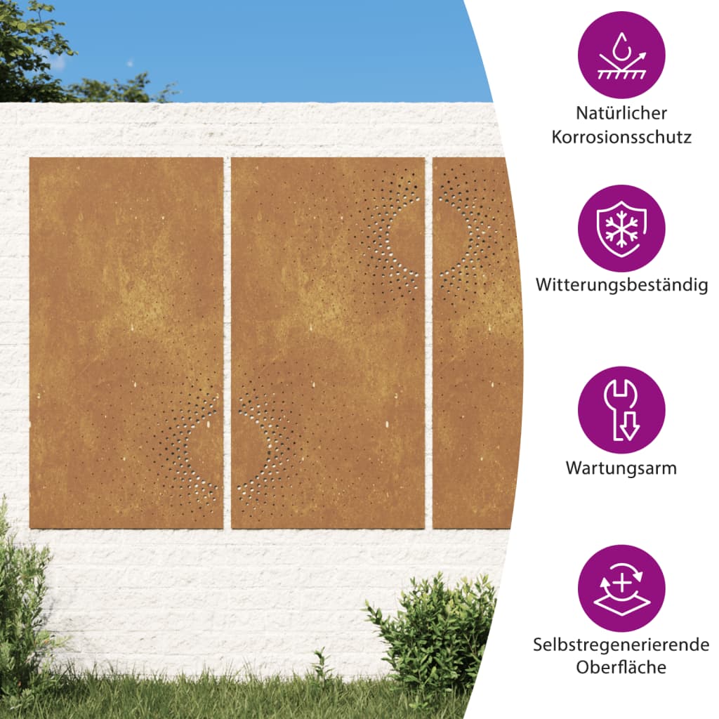 Garden Wall Decorations 3 pcs 105x55 cm Corten Steel Sun Design