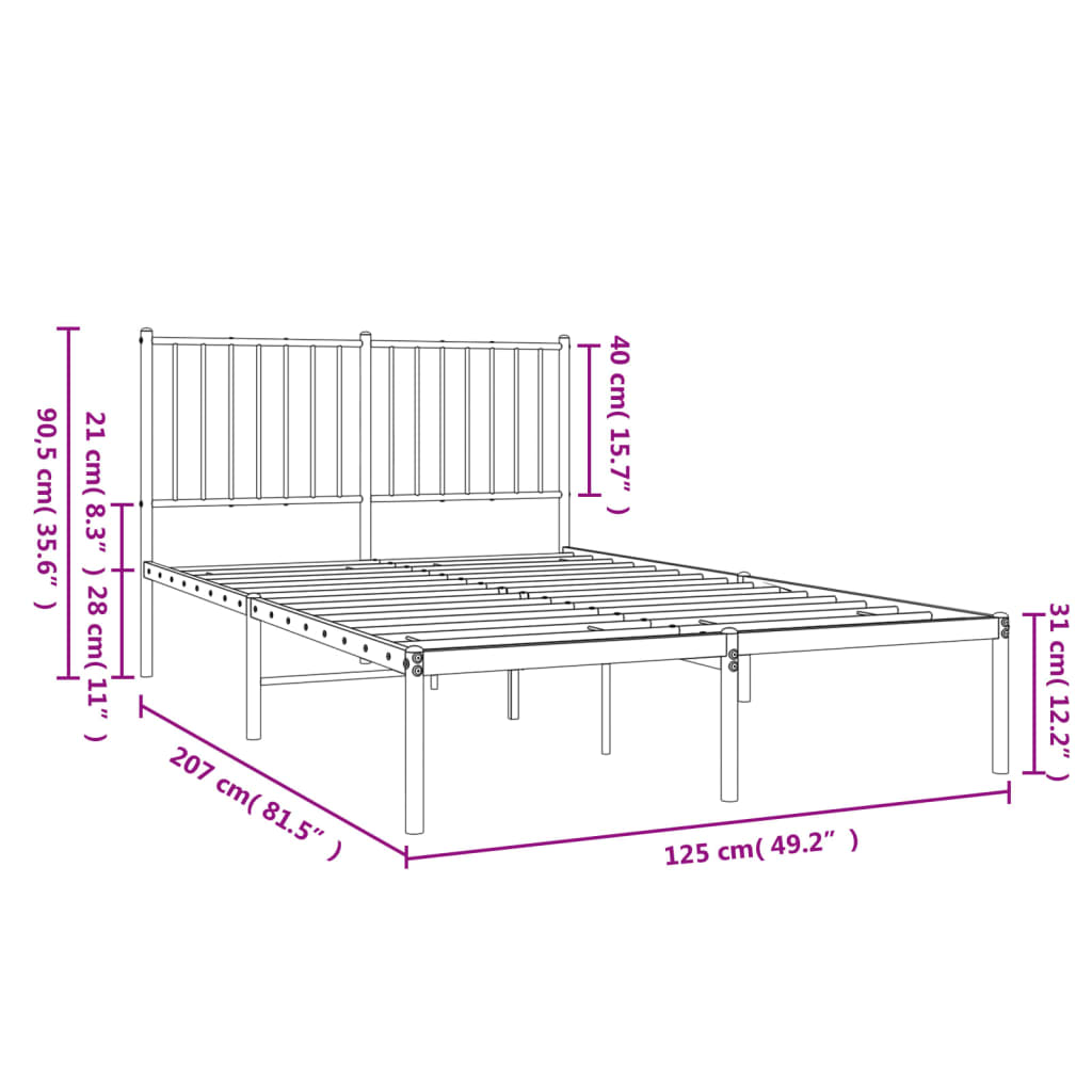 Metal Bed Frame without Mattress with Headboard Black 120x190cm