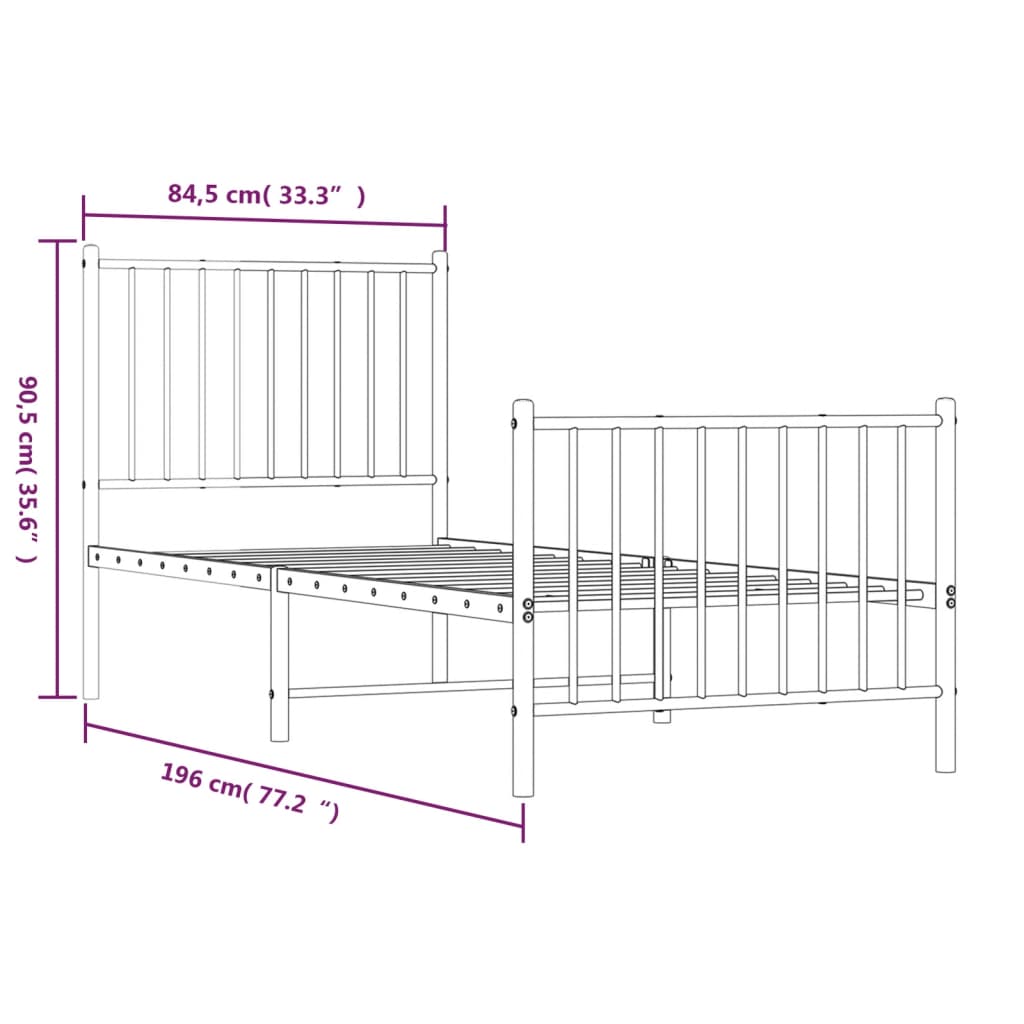 Metal Bed Frame without Mattress with Footboard White 80x200cm