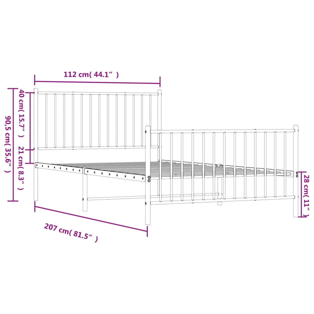 Metal Bed Frame without Mattress with Footboard White 107x203cm