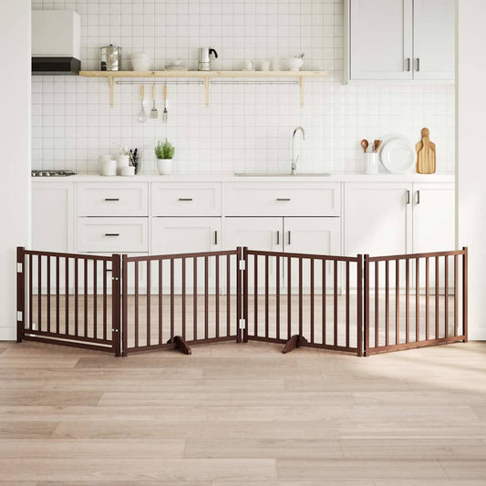 Dog Gate with Door Foldable 4 Panels Brown Oak 320 cm Solid Wood Fir
