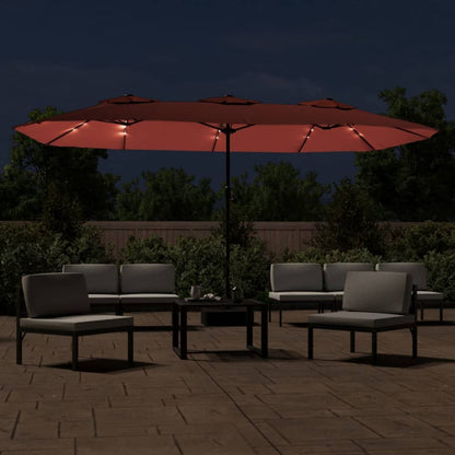 Double-Head Garden Parasol with LEDs Terracotta 449x265 cm
