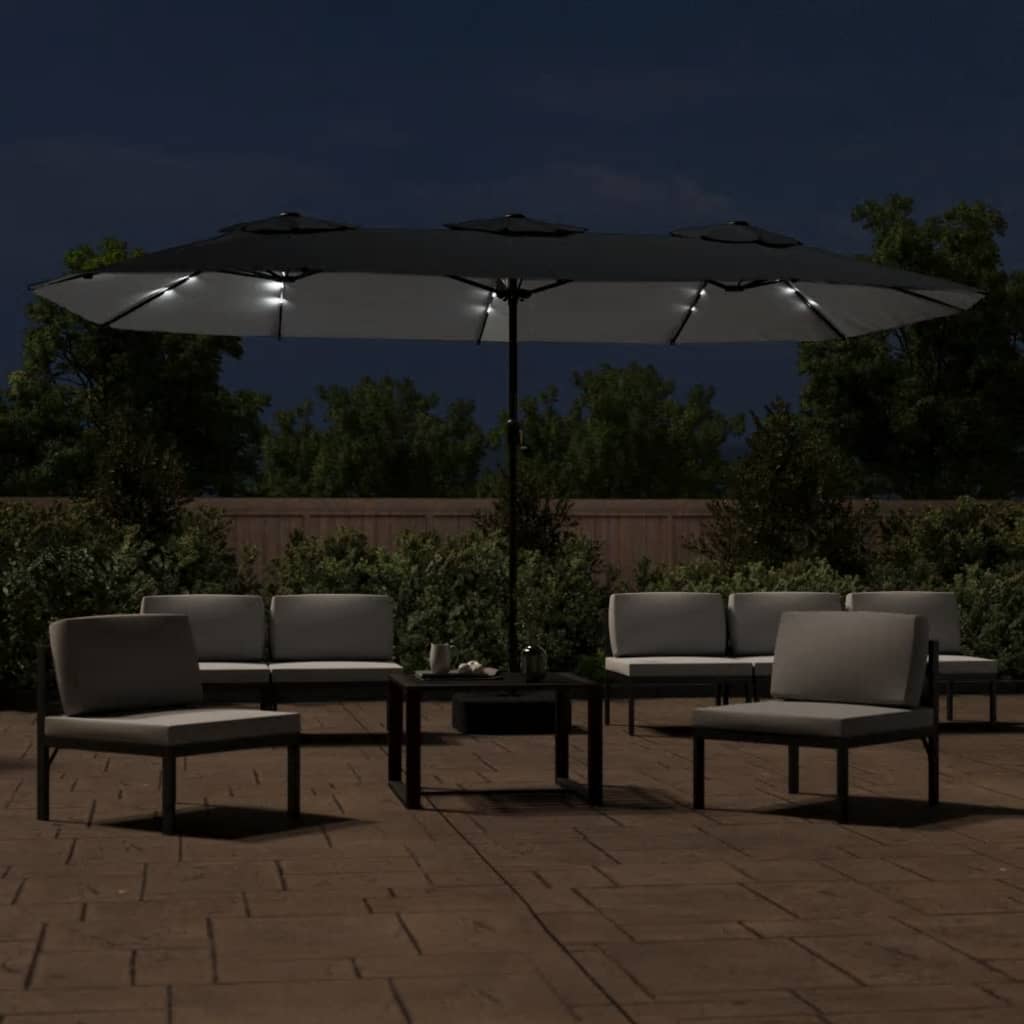 Double-Head Garden Parasol with LEDs Black 449x265 cm