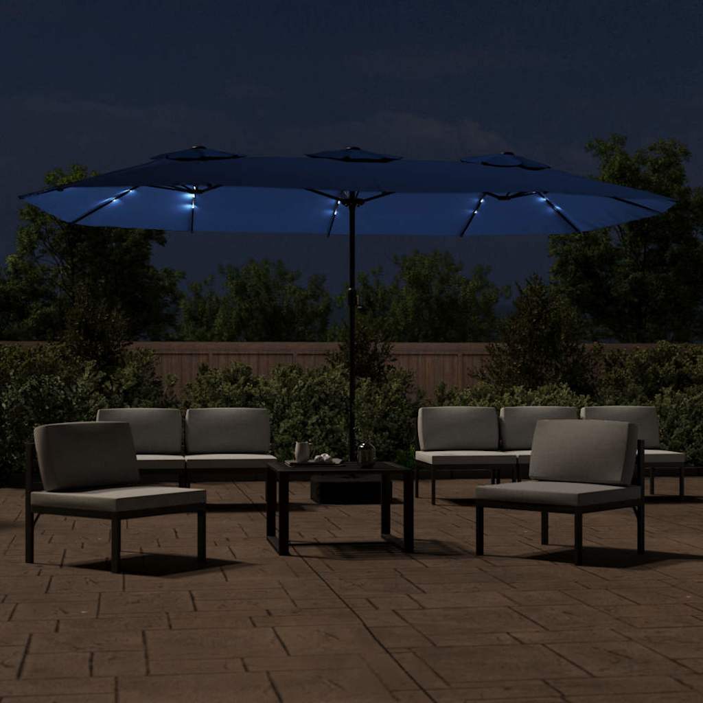 Double-Head Garden Parasol with LEDs Azure Blue 449x265 cm