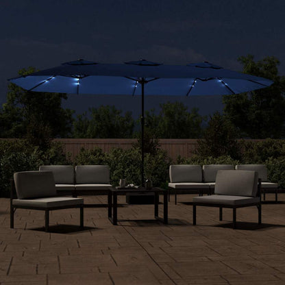 Double-Head Garden Parasol with LEDs Azure Blue 449x265 cm