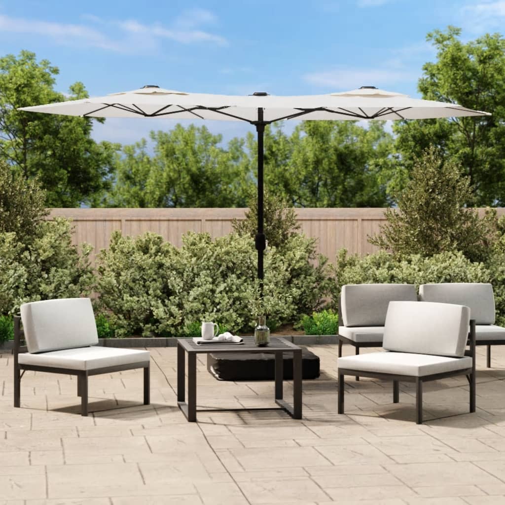 Double-Head Garden Parasol with LEDs Sand White 316x145 cm