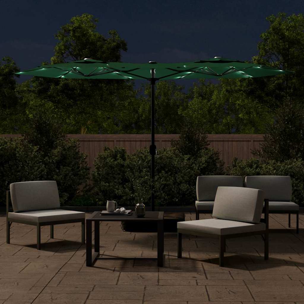 Double-Head Garden Parasol with LEDs Green 316x145 cm