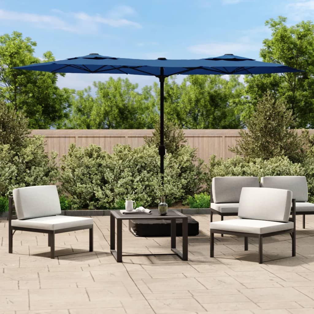 Double-Head Garden Parasol with LEDs Azure Blue 316x145 cm