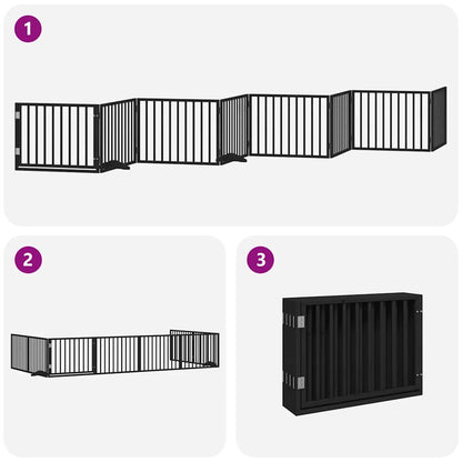 Dog Gate with Door Foldable 8 Panels Black 640 cm Poplar Wood
