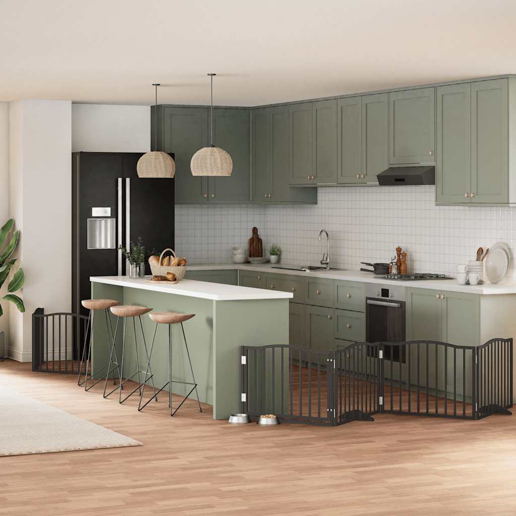 Dog Gate with Door Foldable 8 Panels Black 640 cm Poplar Wood