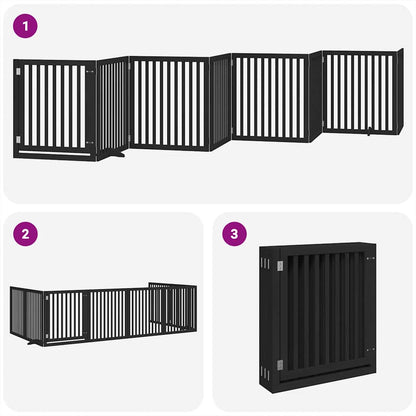 Dog Gate with Door Foldable 8 Panels Black 640 cm Poplar Wood