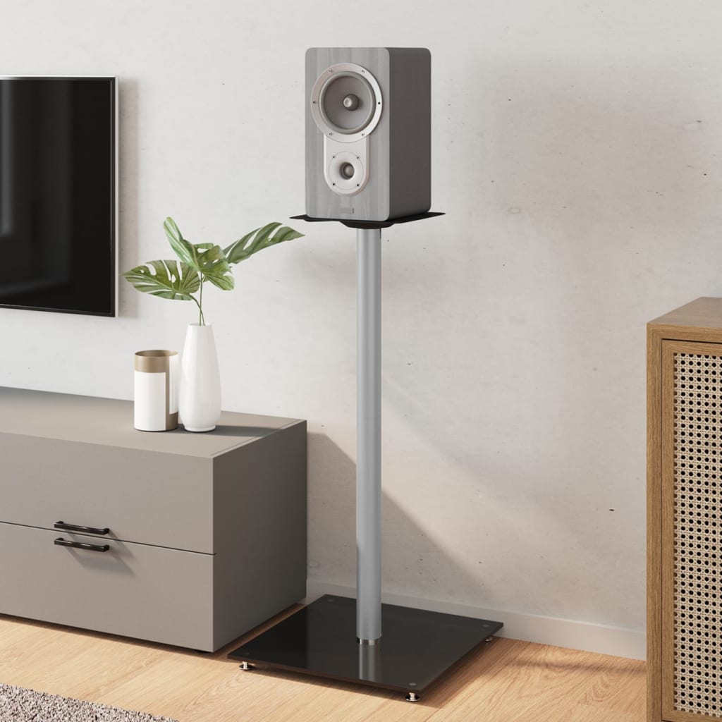 Speaker Stands 2 pcs Black&Silver Tempered Glass 1 Pillar Design