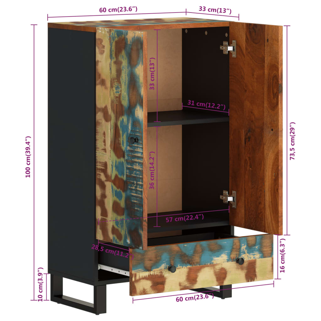 Highboard with Drawer 60x33x100 cm Solid Wood Reclaimed&Iron