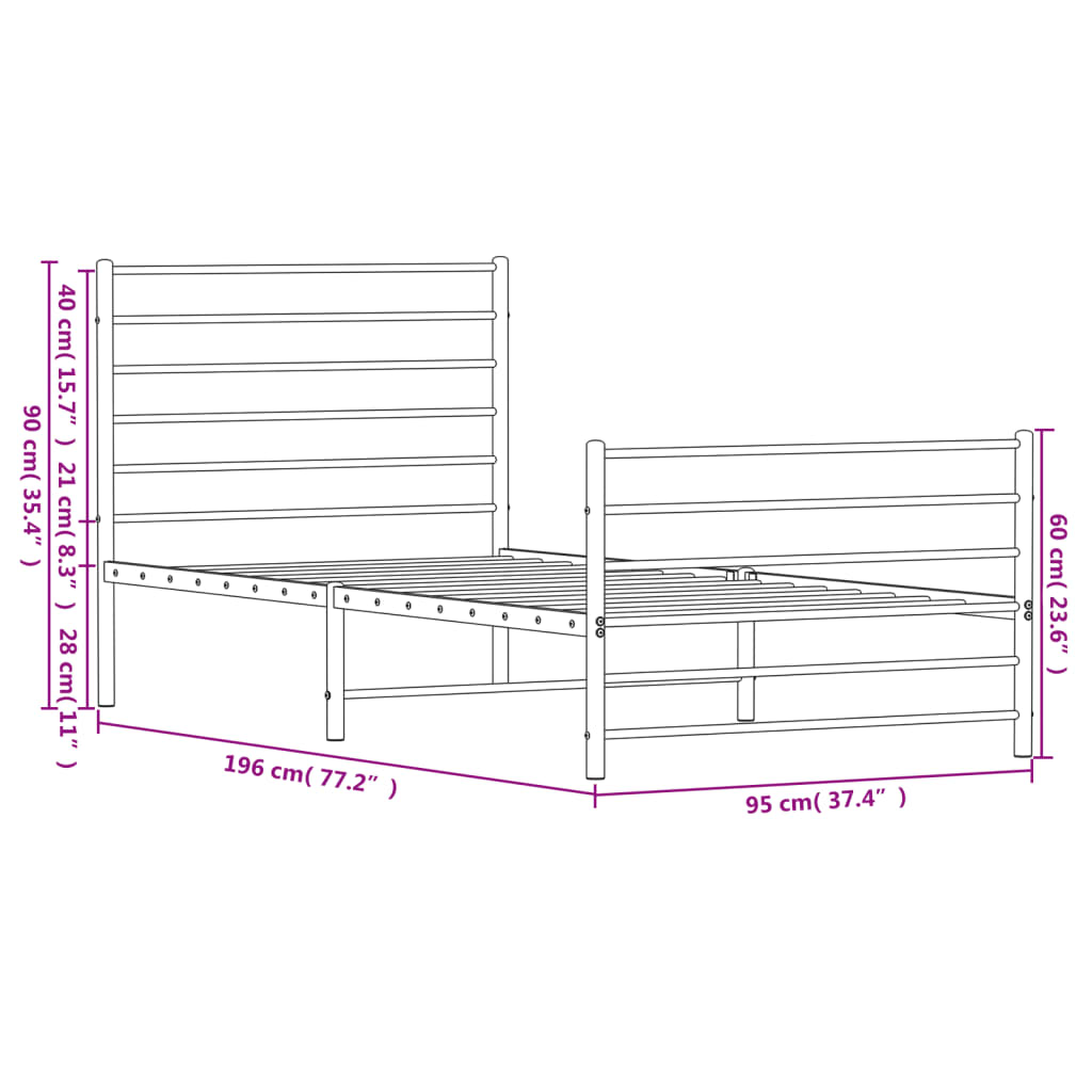 Metal Bed Frame without Mattress with Footboard Black 90x190cm