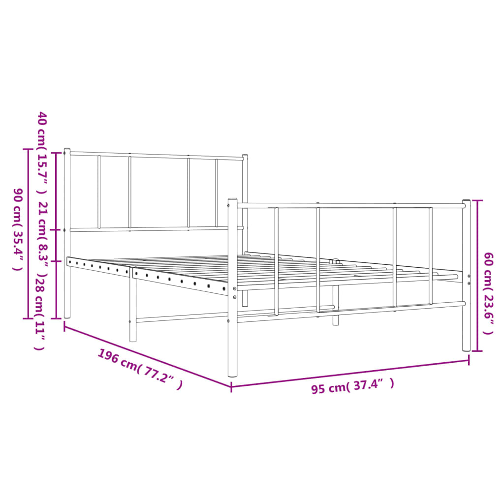 Metal Bed Frame without Mattress with Footboard Black 90x190cm