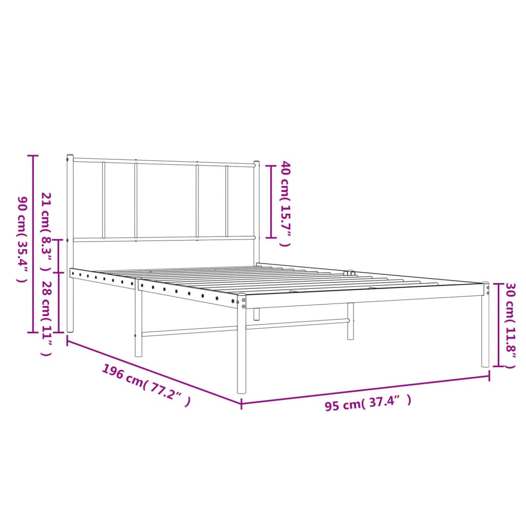 Metal Bed Frame without Mattress with Headboard White 90x190cm