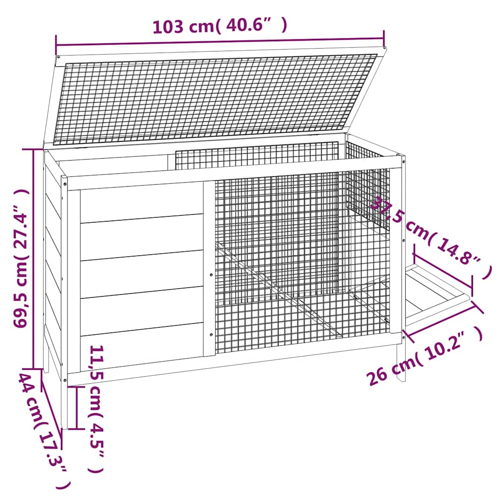 Rabbit Hutch Grey 103x44x69,5 cm Solid Wood Pine