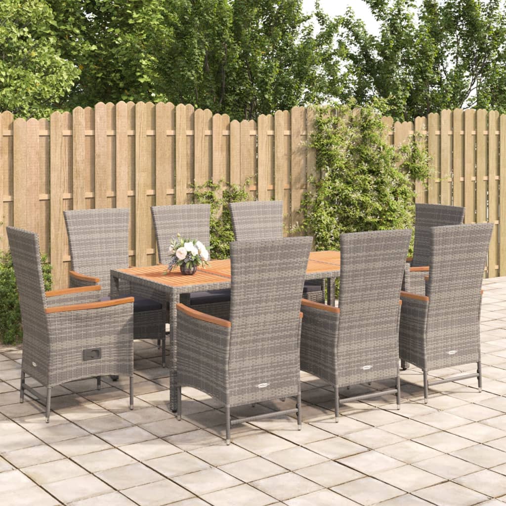 9 Piece Garden Dining Set Grey Poly Rattan&Solid Wood Acacia