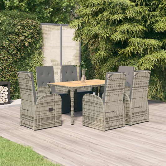 7 Piece Garden Dining Set Grey Poly Rattan&Solid Wood Acacia